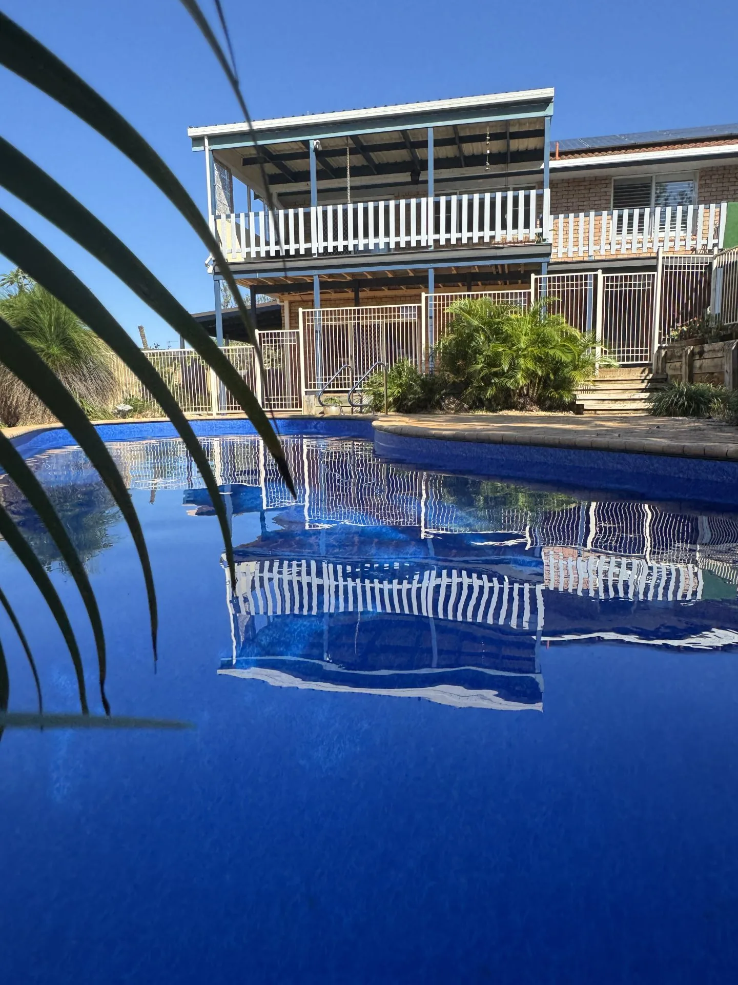 Blue vinyl pool liner for swimming pool and backyard tropical retreat.