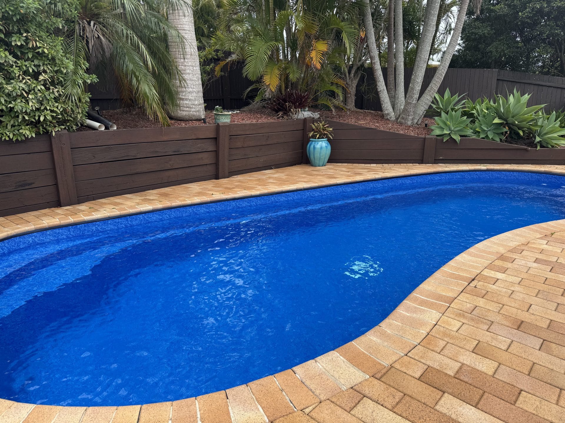 Moore After 01 Stunning blue swimming pool and spa in gorgeous outdoor area.